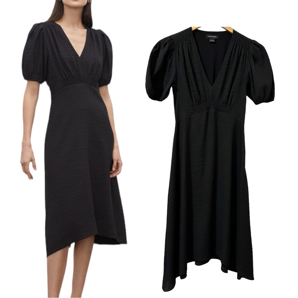 Club Monaco V-Neck Puff Sleeve Dress Size 2 Black Seersucker Lined Midi
